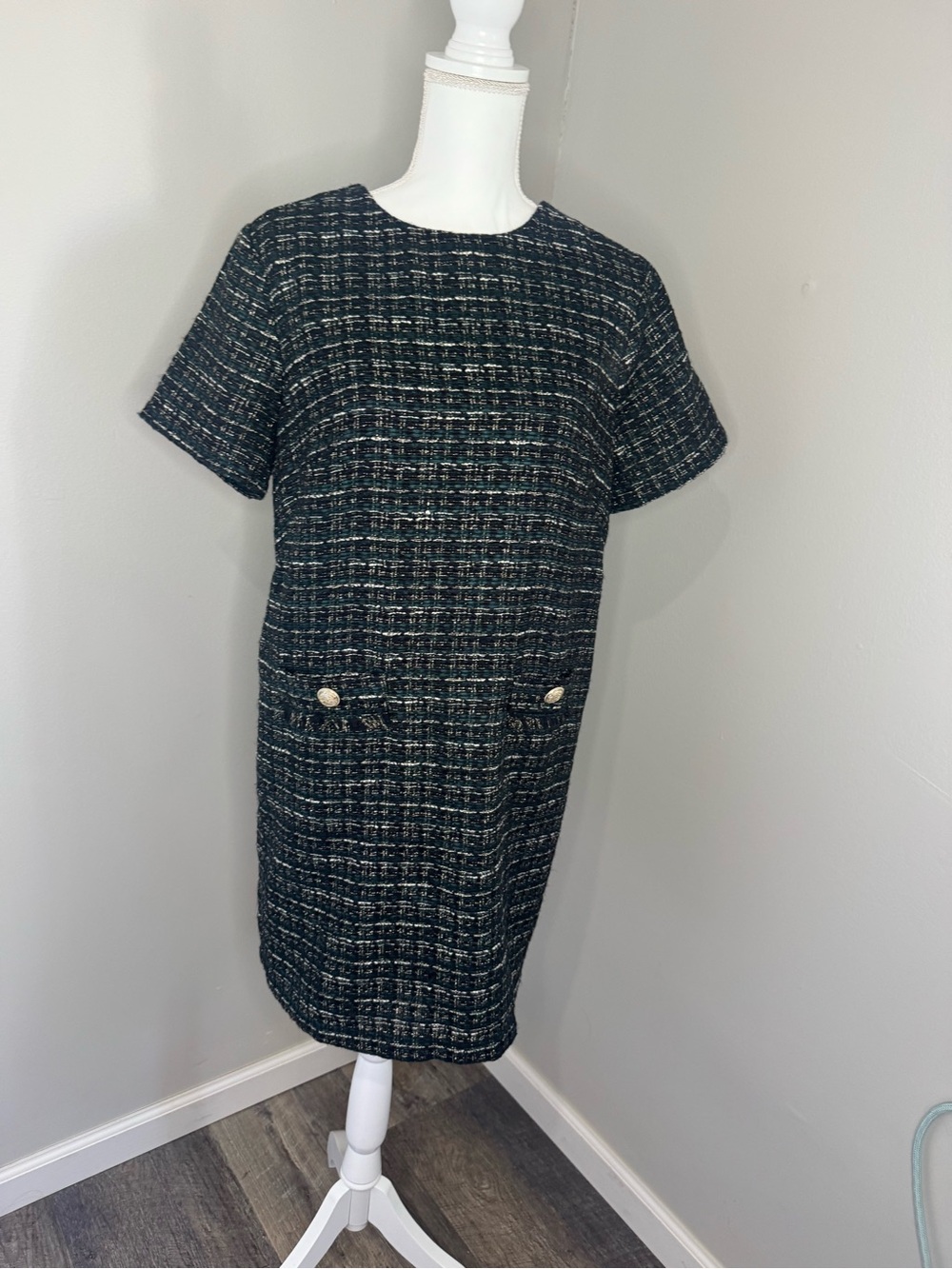 LOFT Black and Gray Tweed Shift Dress